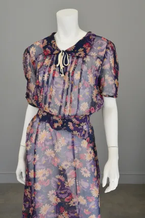 1930s Sheer Crepe Floral Print Darling Dress