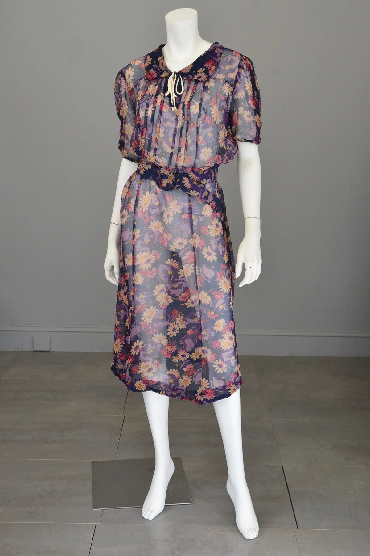 1930s Sheer Crepe Floral Print Darling Dress