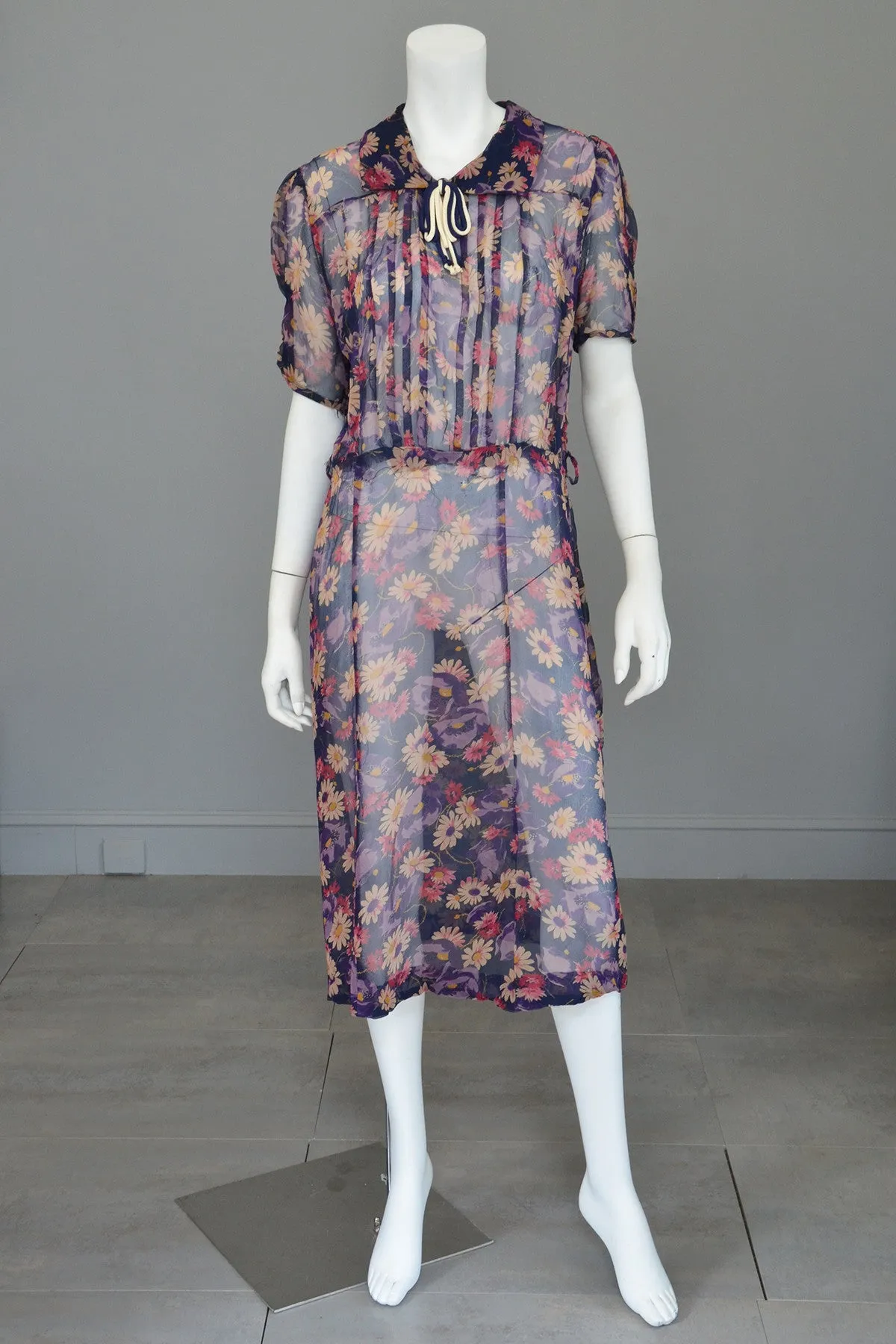 1930s Sheer Crepe Floral Print Darling Dress