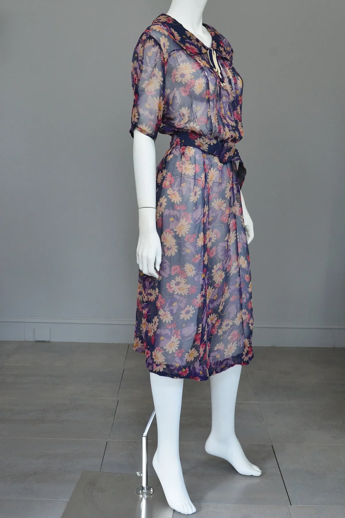 1930s Sheer Crepe Floral Print Darling Dress