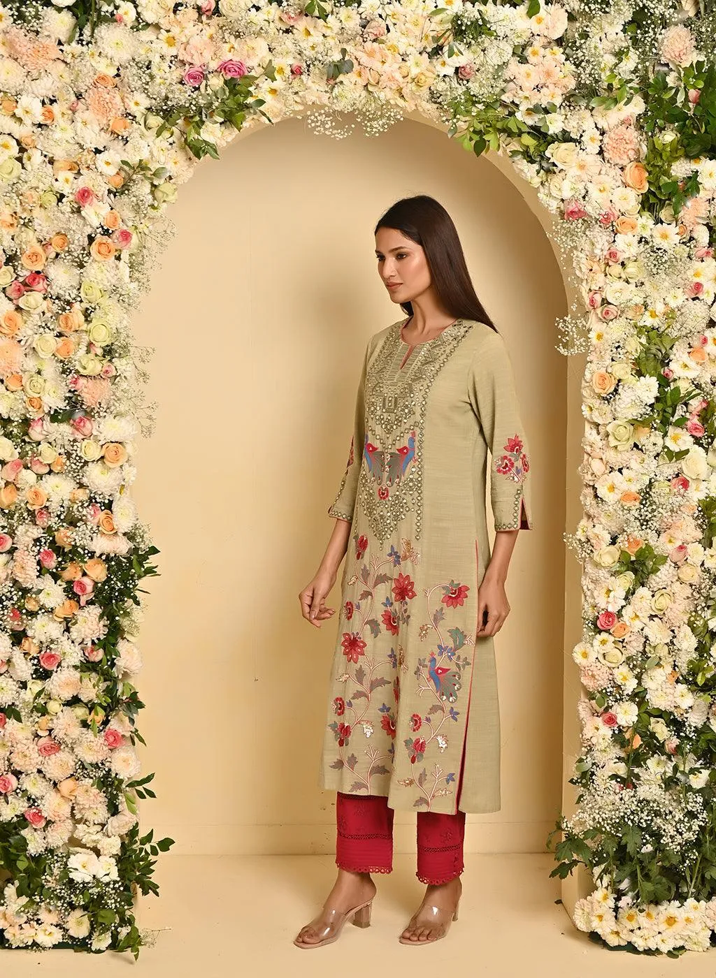 Apple Green Cotton Kurta with Mirror Work and 3/4th Sleeves