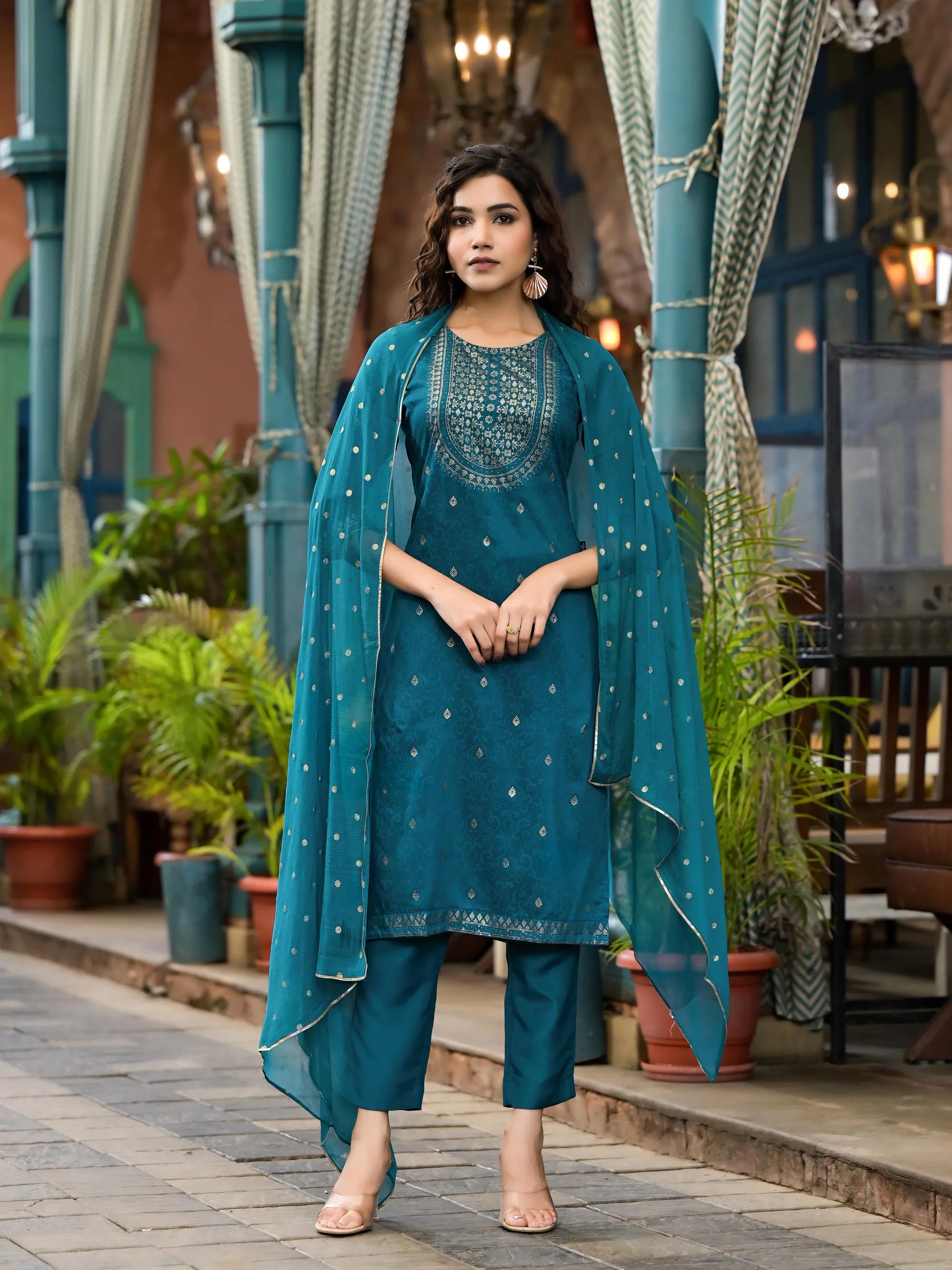 Blue Ethnic Motif Printed Muslin Kurta Set With Zari Work & Gota Patti