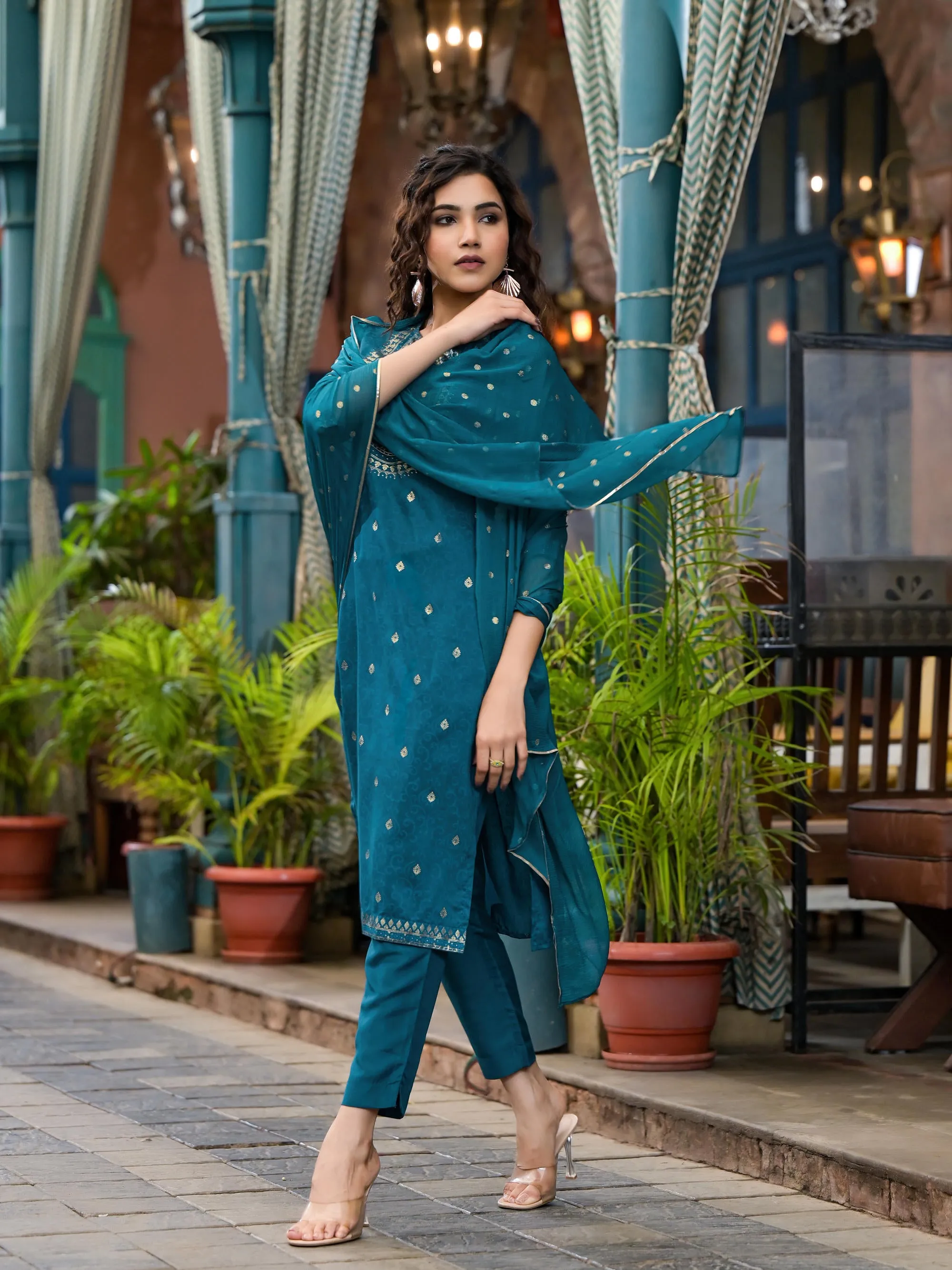 Blue Ethnic Motif Printed Muslin Kurta Set With Zari Work & Gota Patti