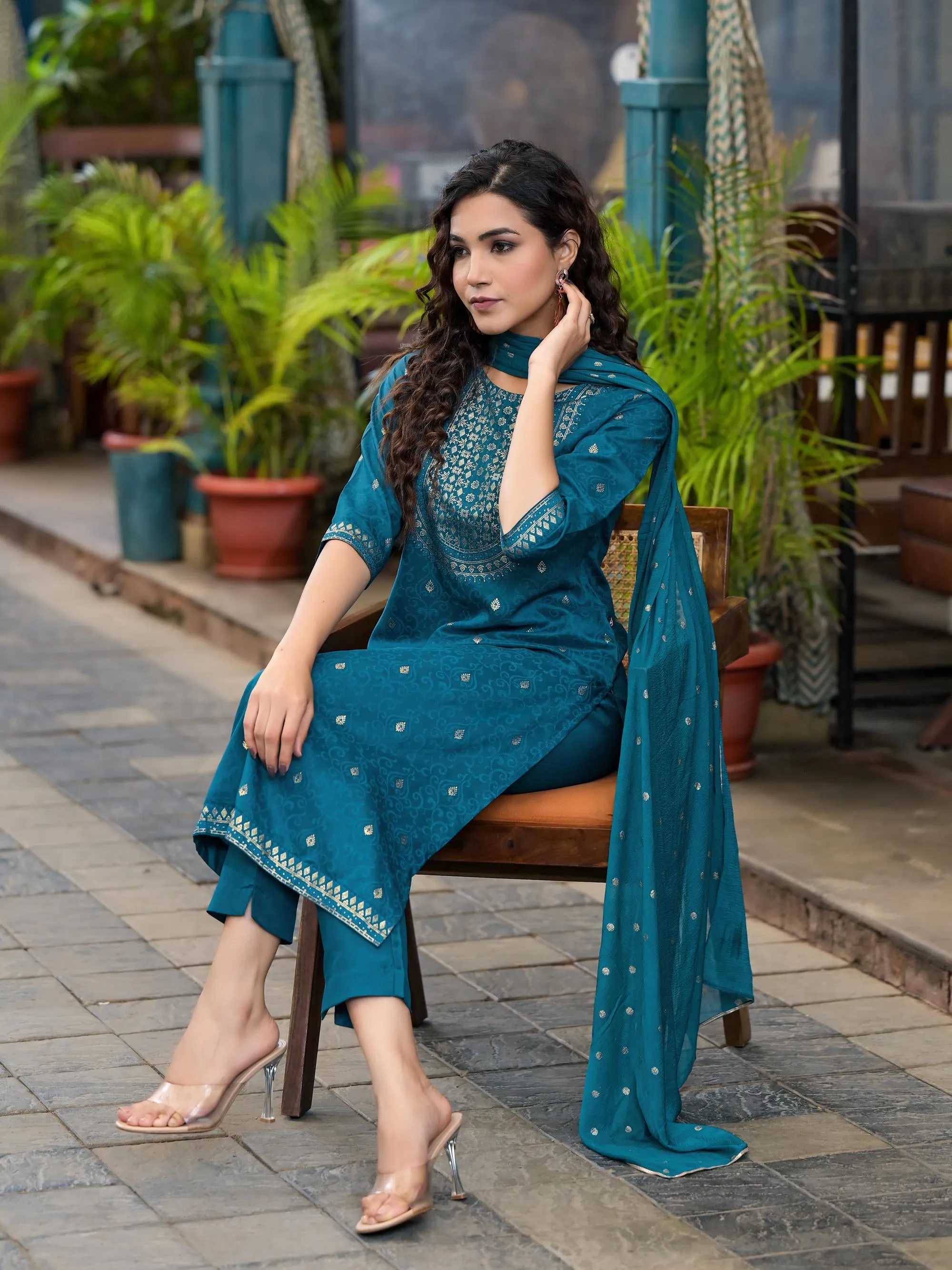 Blue Ethnic Motif Printed Muslin Kurta Set With Zari Work & Gota Patti