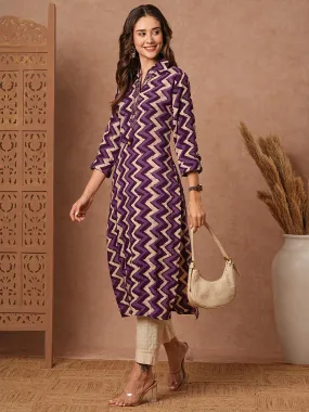 Chevron Printed Resham & Mirror Embroidered Kurta - Purple