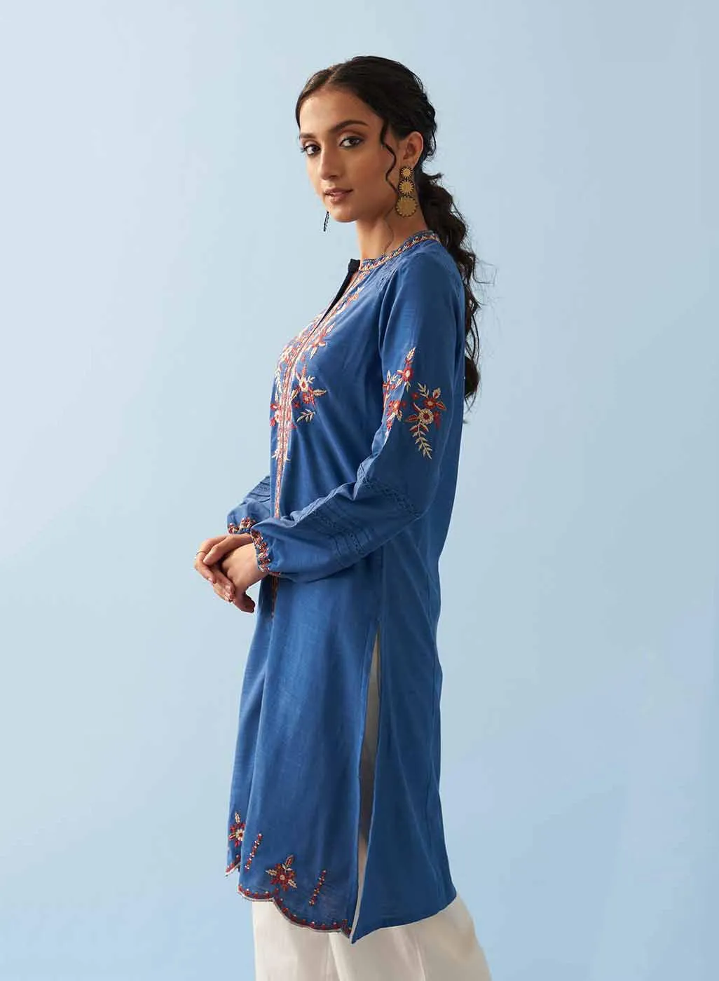 Classic Blue Embroidered Kurta for Women with Puffed Sleeves