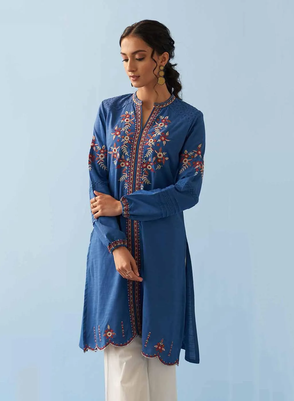 Classic Blue Embroidered Kurta for Women with Puffed Sleeves