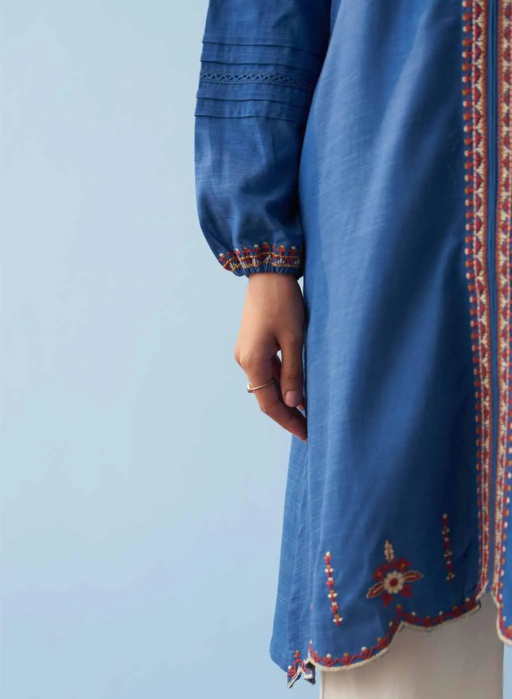 Classic Blue Embroidered Kurta for Women with Puffed Sleeves