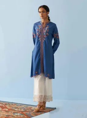 Classic Blue Embroidered Kurta for Women with Puffed Sleeves