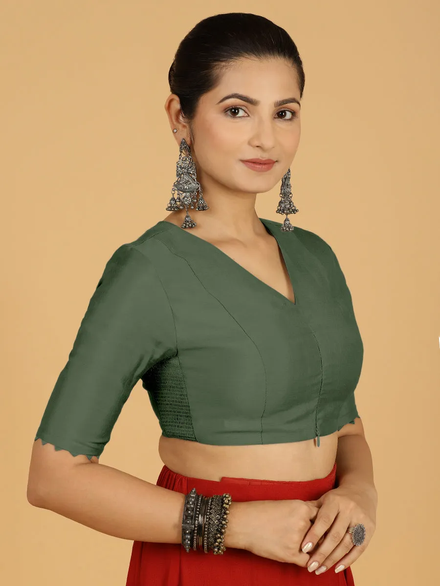 Divya x Rozaana | Elbow Sleeves Saree Blouse in Pine Green