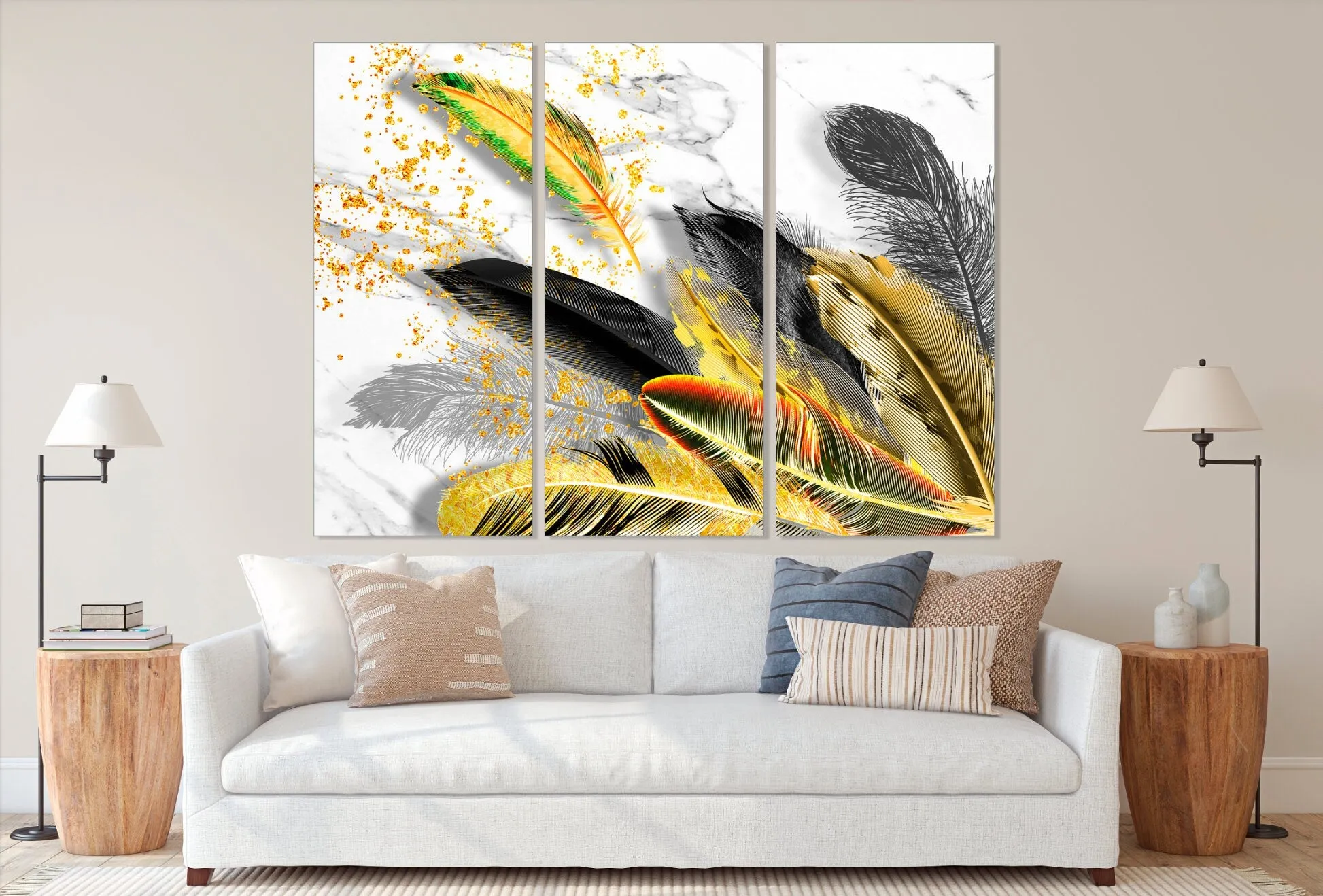 Feather wall art, feather wall decor, abstract contemporary print canvas paintings, extra large modern wall art, calm horizontal art