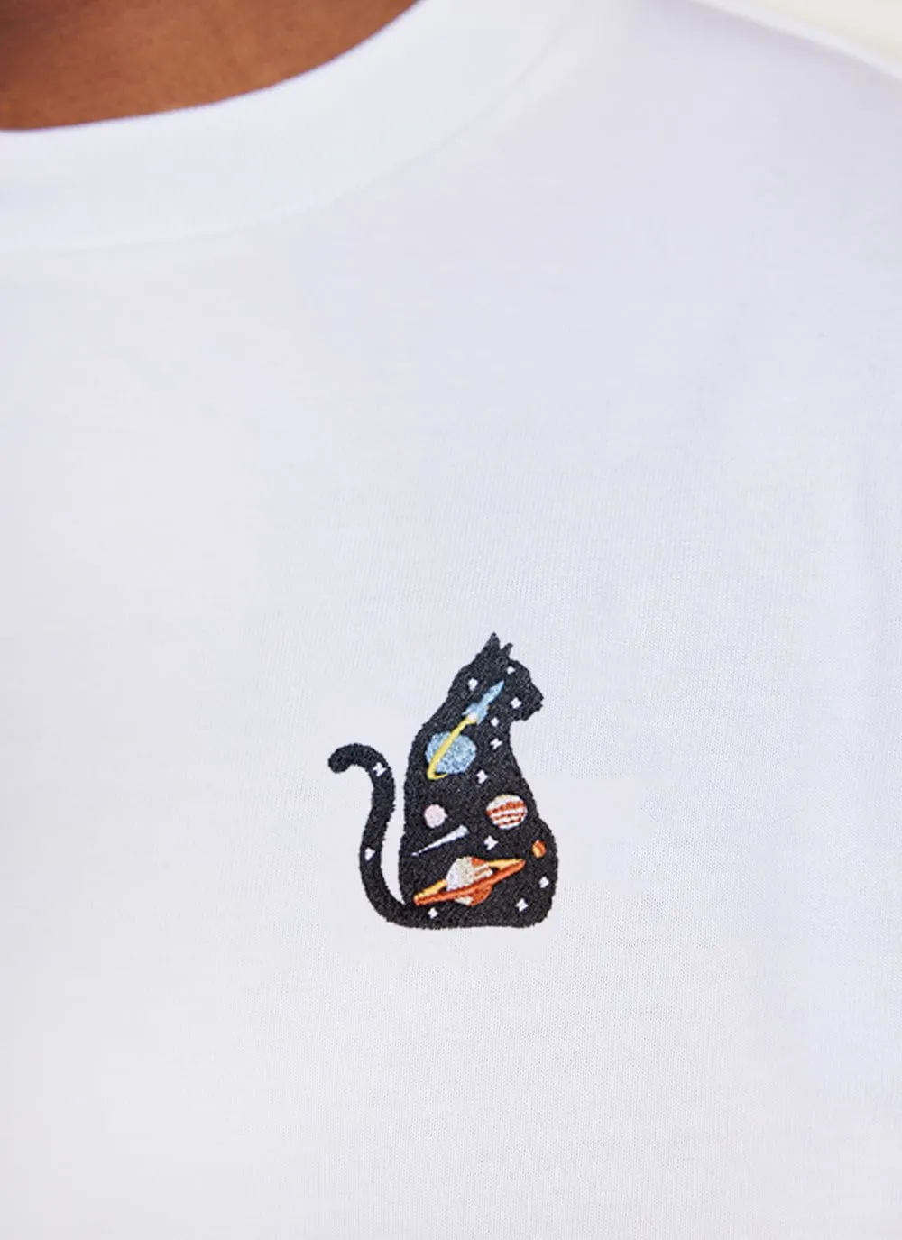 Galaxy Cat Auxiliary T Shirt | Embroidered Organic Cotton | White