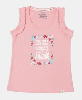 Girl's Super Combed Cotton Graphic Printed Tank Top - Flamingo Pink