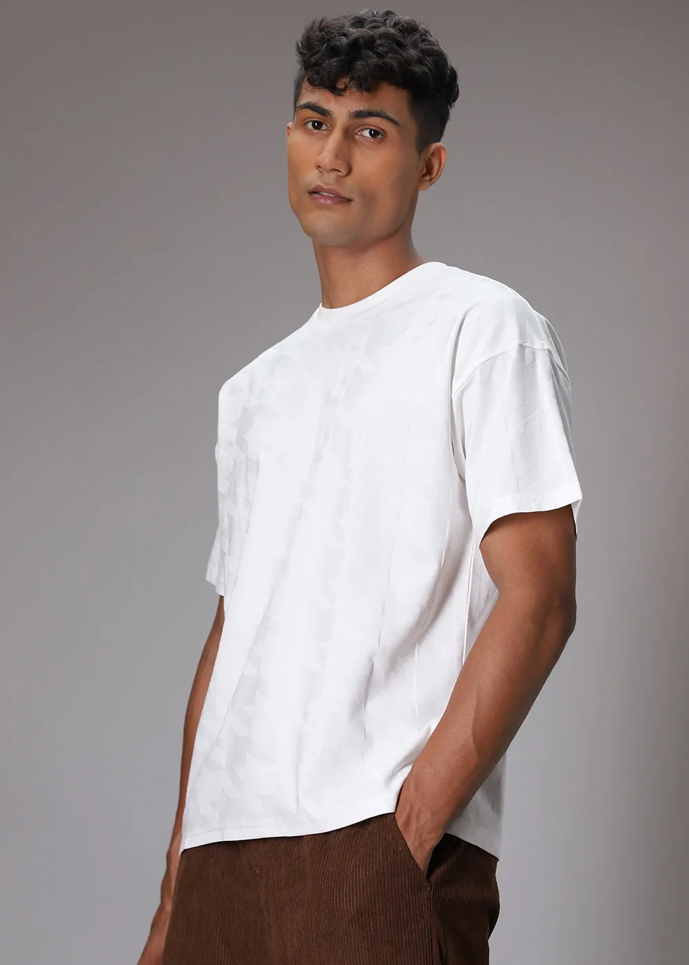 Herringbone Pattern Oversized White T-Shirt