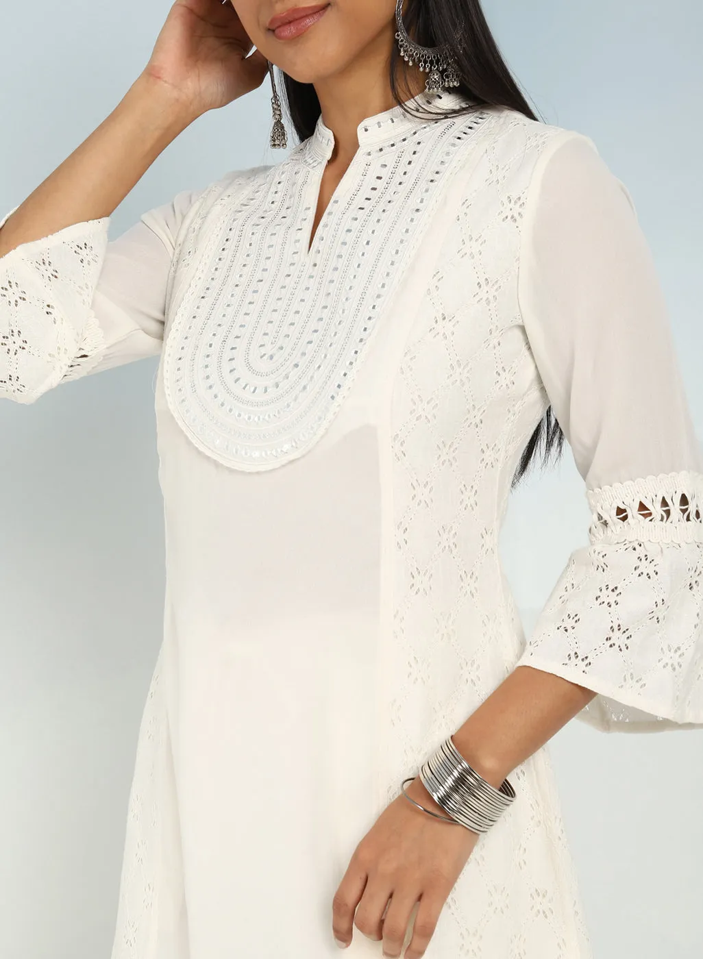 Ivory Short Tunic with Mirror Work and Bell Sleeves