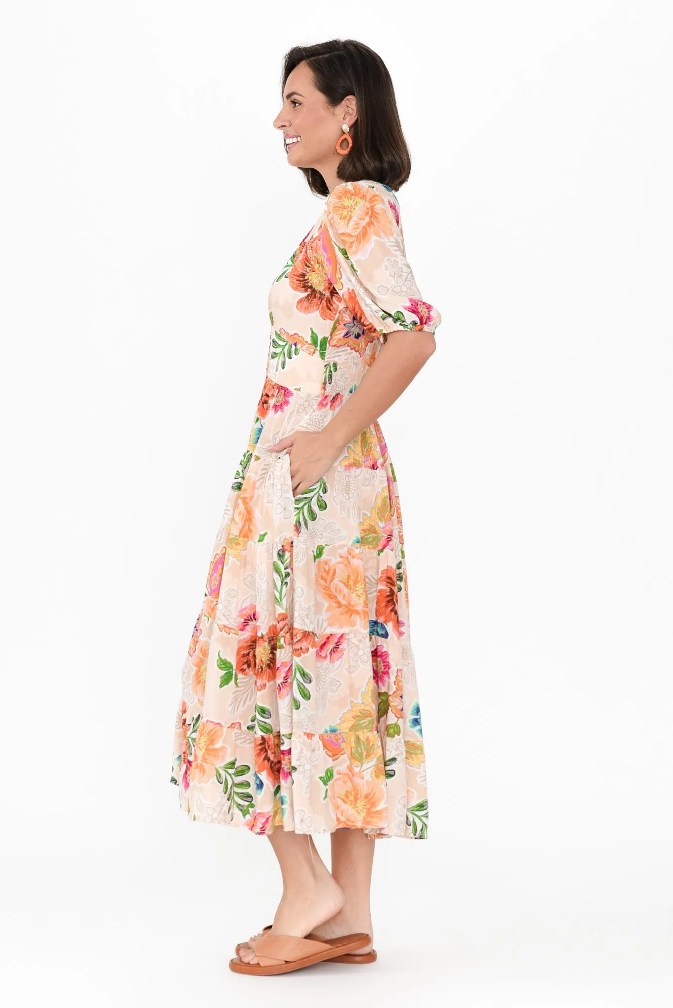 Kia Cream Floral Tiered Dress