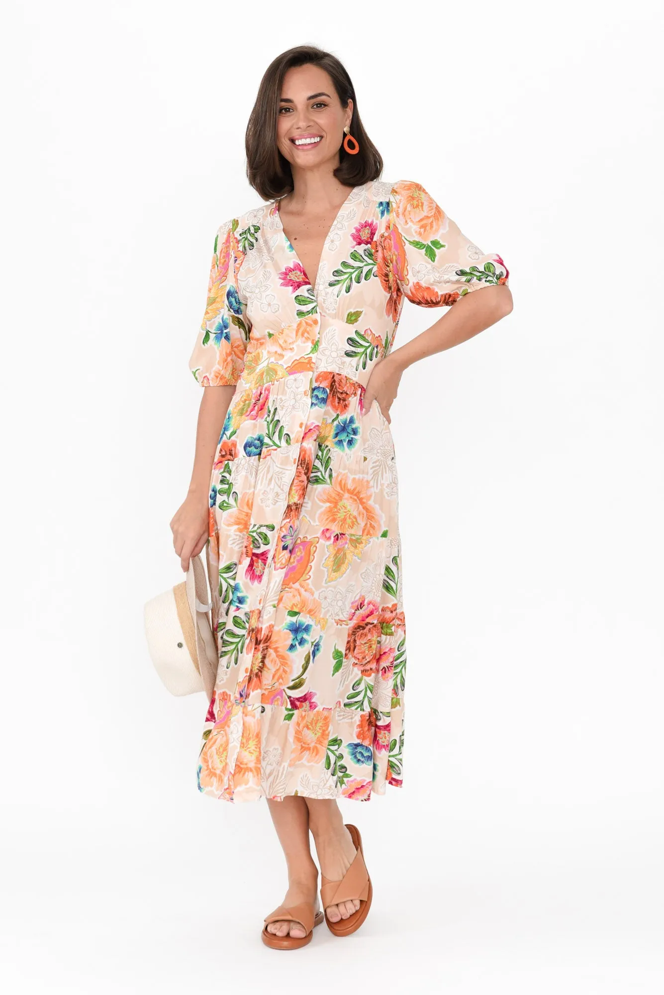 Kia Cream Floral Tiered Dress