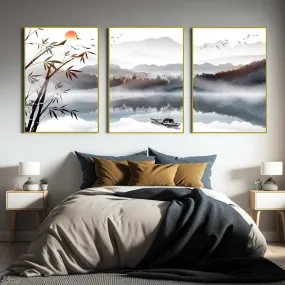 Large asian canvas wall art, smoky mountains hanging wall decor, modern oriental style wall art, printable lanscape artwork for bedroom