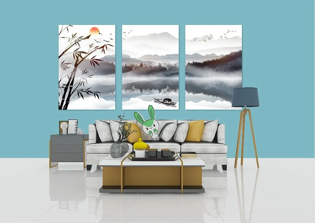 Large asian canvas wall art, smoky mountains hanging wall decor, modern oriental style wall art, printable lanscape artwork for bedroom