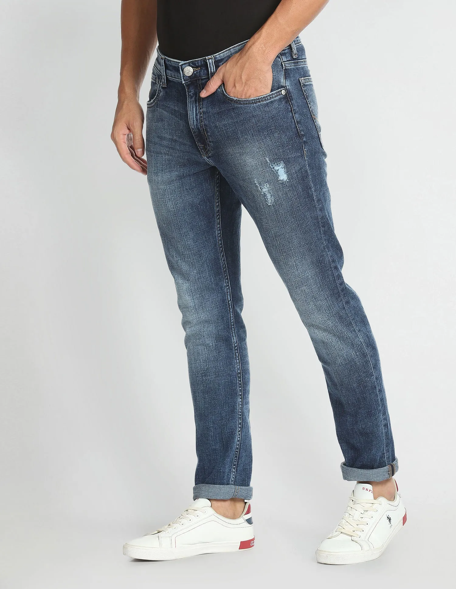 Lightly Distressed Slim Tapered Fit Jeans