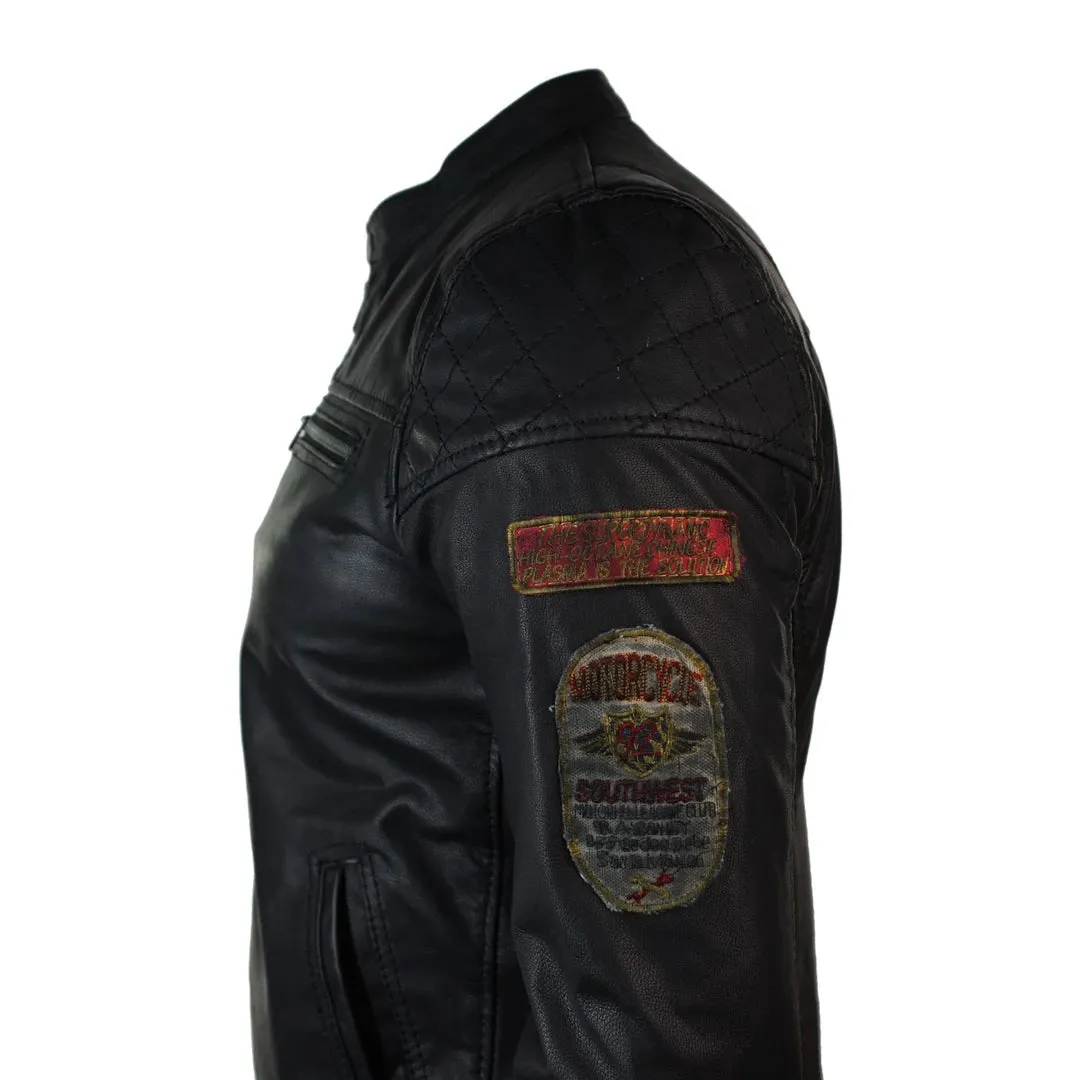 Men's Black Leather Biker Jacket Badges