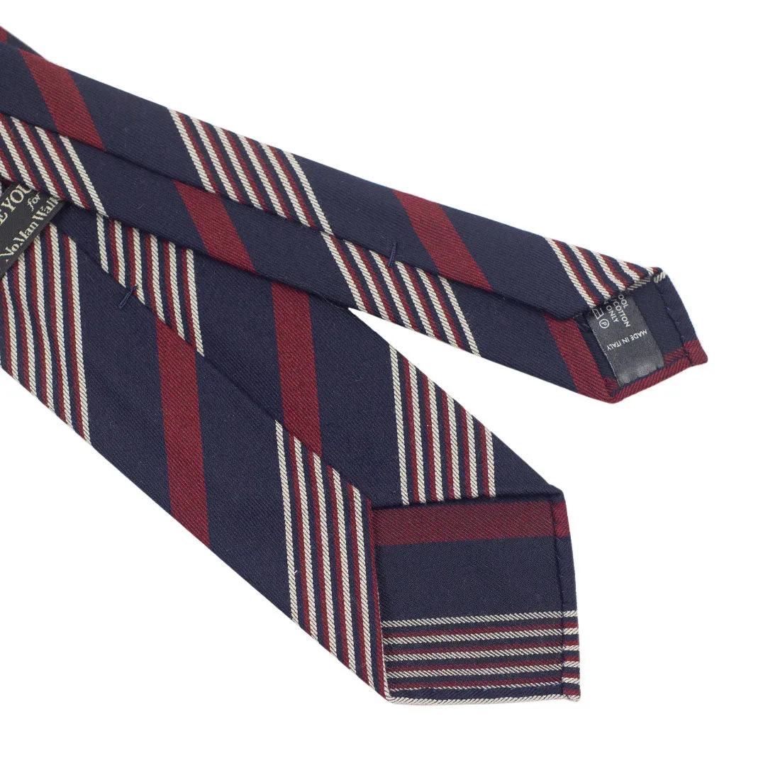 Navy, burgundy & white multi-stripe wool/cotton tie, hand-rolled & untipped