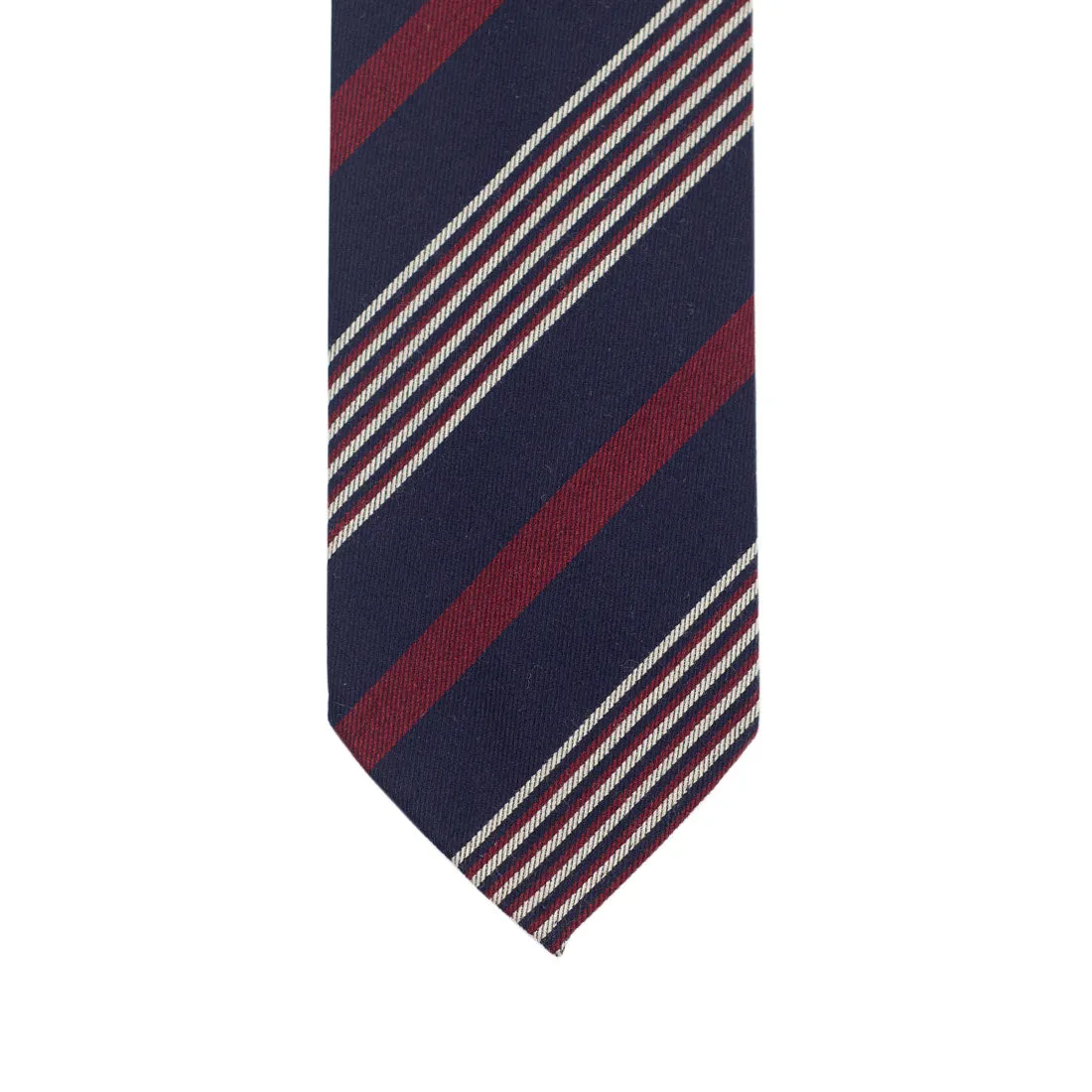 Navy, burgundy & white multi-stripe wool/cotton tie, hand-rolled & untipped