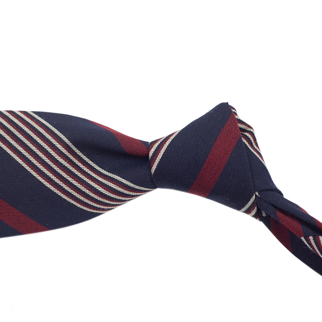 Navy, burgundy & white multi-stripe wool/cotton tie, hand-rolled & untipped