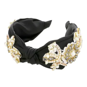 Pearl Stone Embellished Flower Burnout Knot Headband