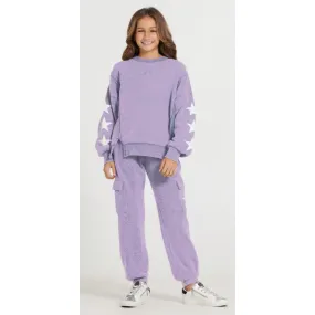 reverse fleece crew neck   cargo pant with star print | lavender