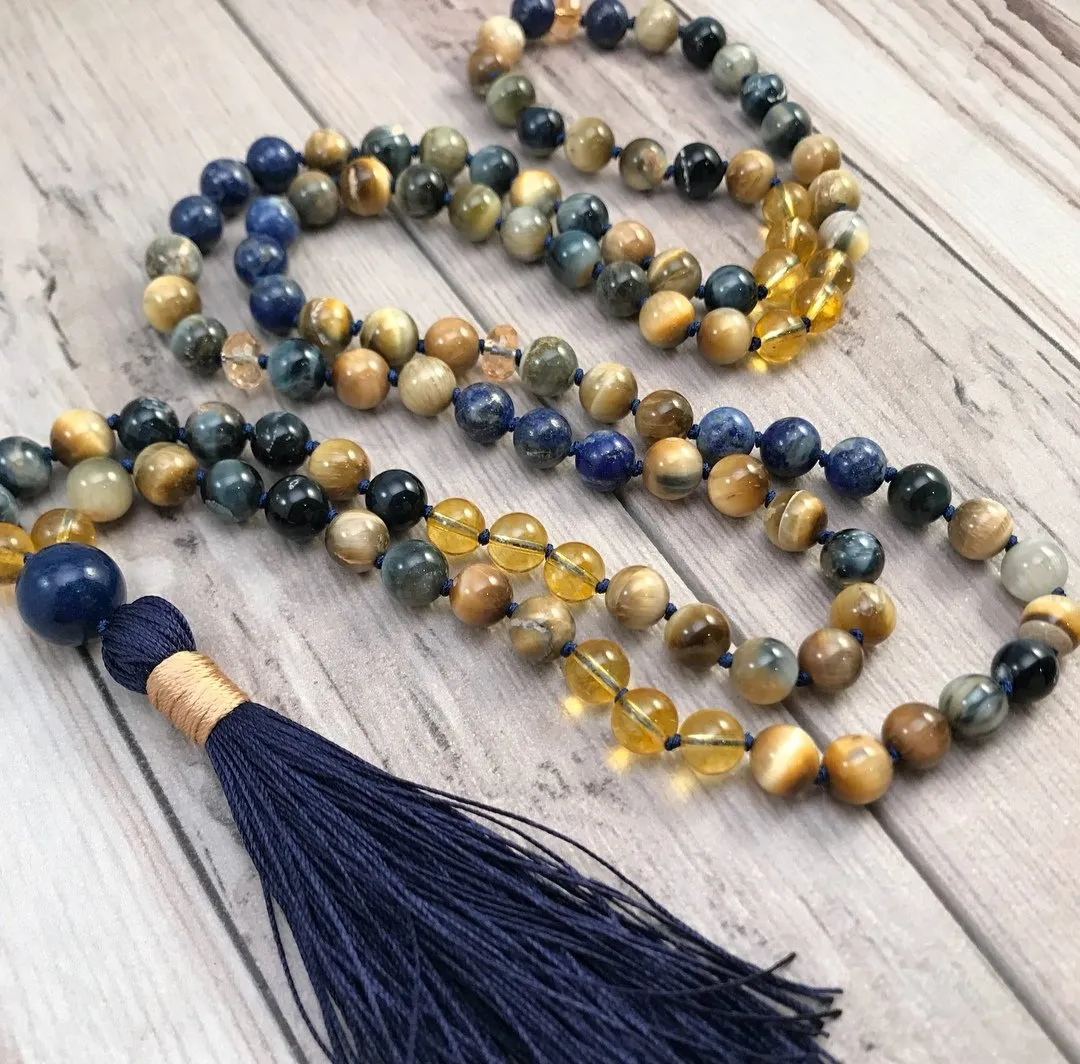 SALE - Honey Mustard, Blue Tiger Eye, Lapis Lazuli in 108 Mala Necklace