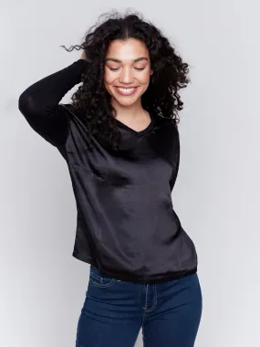 Satin and Jersey V-Neck Knit Top - Black