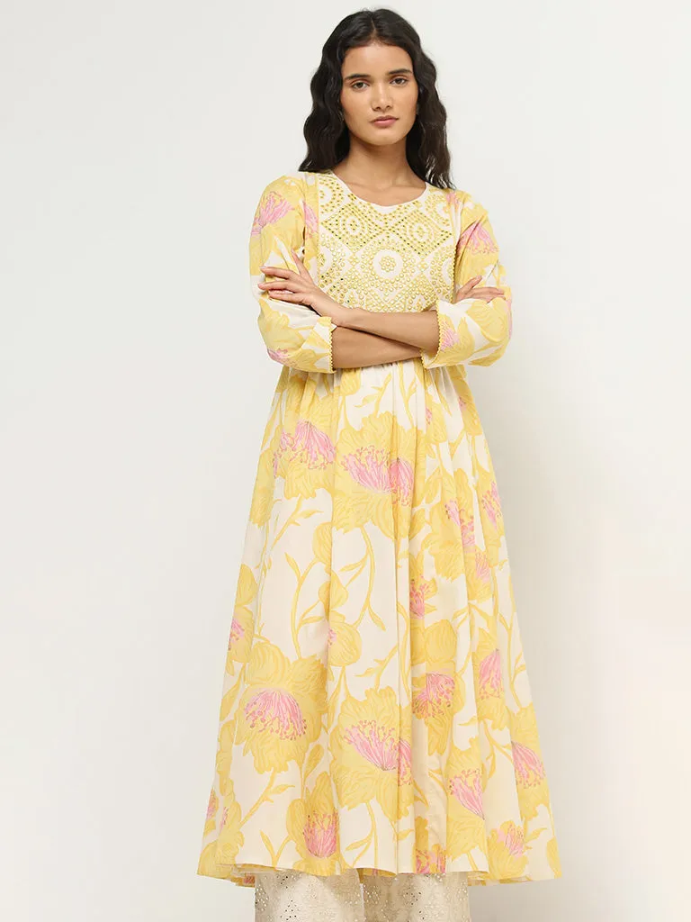 Utsa Yellow Floral Printed A-line Cotton Kurta