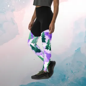 Watercolor Purple and Pine Trees Athletic Compression Sports Leggings