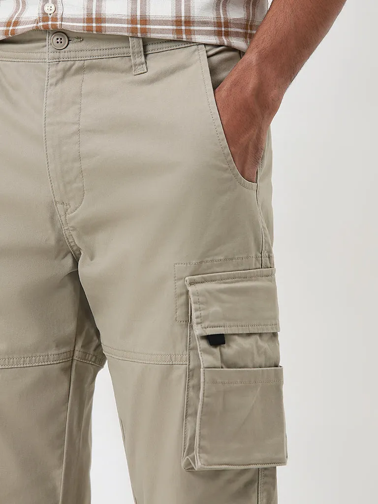 WES Casuals Beige Relaxed-Fit Mid-Rise Cargo Trousers